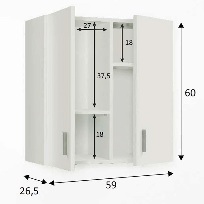 Pensile multiuso. Armadio sospeso con 2 ante e 2 ripiani estraibili. Materiale melaminico, colore bianco.