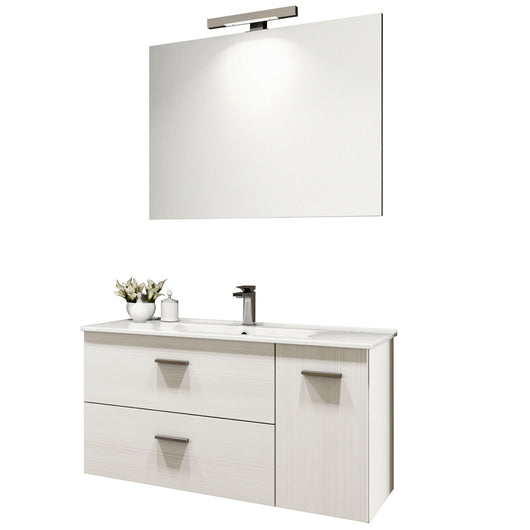 Mobile bagno sospeso modello Eliza con lavabo in ceramica e specchio. Colore Larice bianco