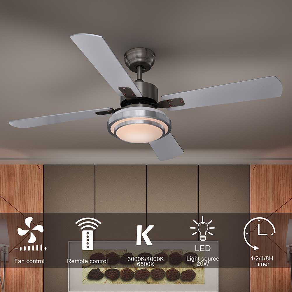 Ventilatore da Soffitto 4 Pale Legno con Lampada Luce LED e Telecomando 130 cm