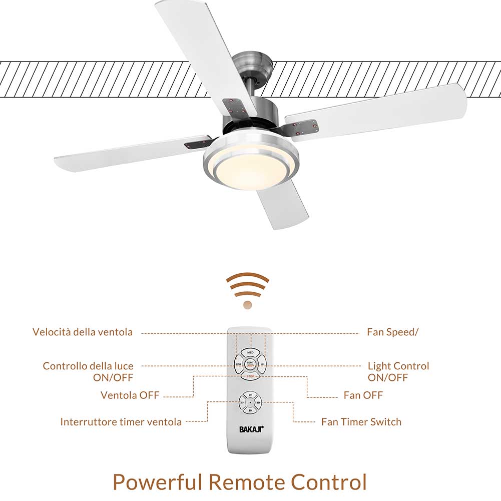 Ventilatore da Soffitto 4 Pale Legno con Lampada Luce LED e Telecomando 130 cm