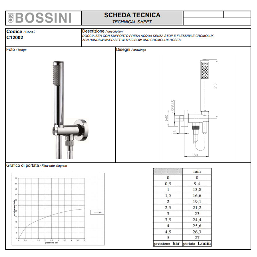 Soffione doccia diam. cm 23 in ottone Bossini Cosmo a un getto con kit duplex doccia Zen flessibile Cromolux