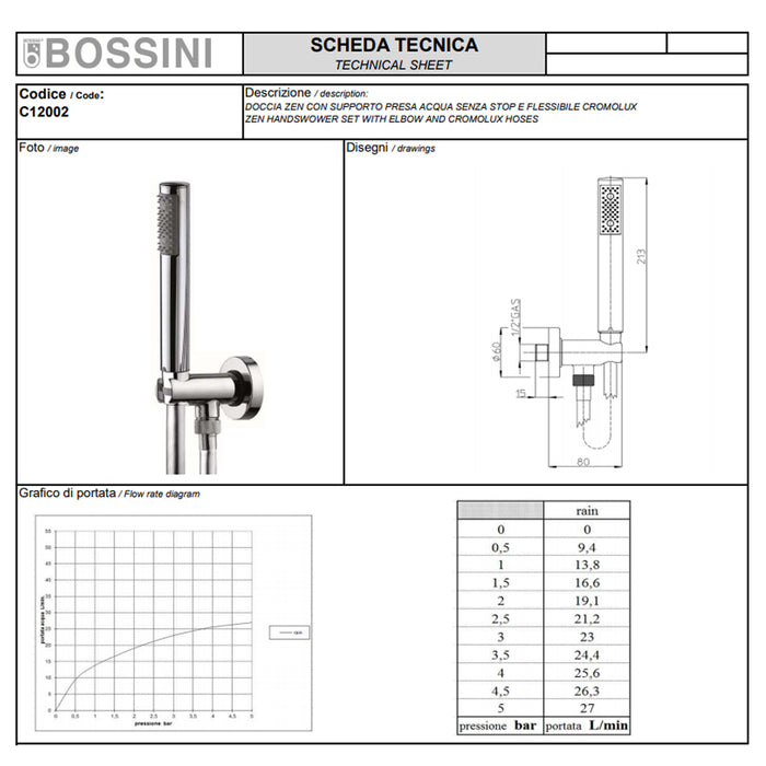 Soffione doccia diam. cm 23 in ottone Bossini Cosmo a un getto con kit duplex doccia Zen flessibile Cromolux