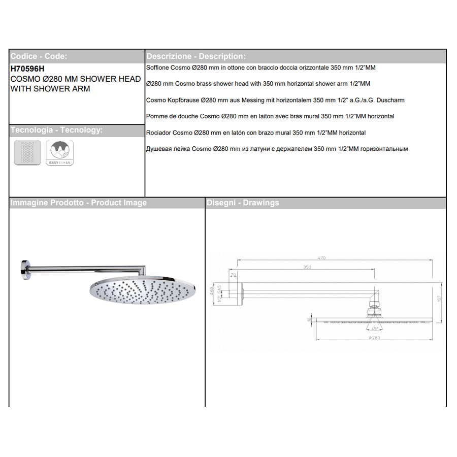 Soffione doccia diam. cm 28 in ottone Bossini Cosmo a un getto con kit duplex doccia Zen flessibile Cromolux