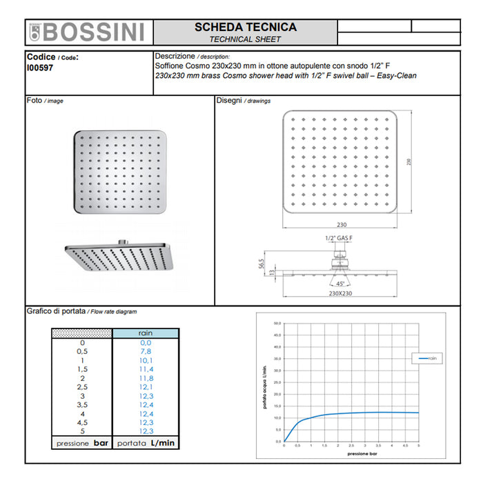 Soffione doccia cm 23x23 quadrato in ottone cromato Bossini Cosmo a un getto con kit duplex doccia Cube con flessibile Cromolux