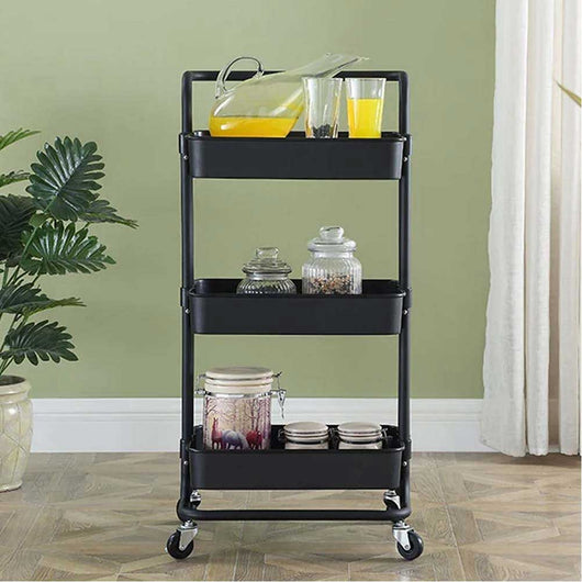 Carrello Trolley Cucina in Metallo 3 Ripiani 43x36x85 4 Ruote Salvaspazio Nero