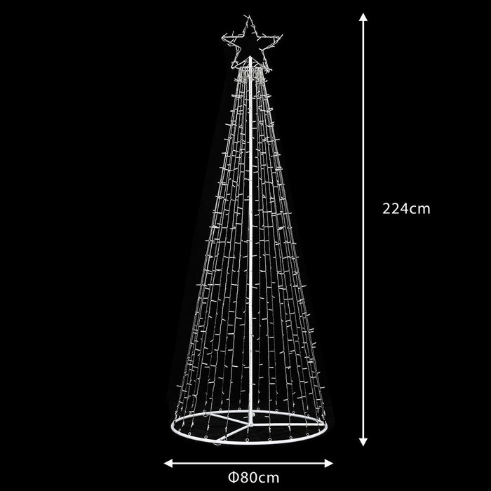 Albero Natale Luminoso 224cm 592 LED Bianco Freddo 8 Giochi Luce Metallo Esterno