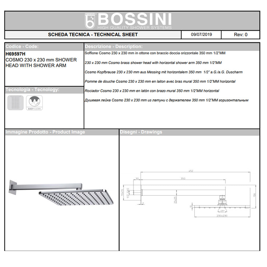 Soffione doccia cm 23x23 quadrato in ottone cromato Bossini Cosmo a un getto con kit duplex doccia Cube con flessibile Cromolux (braccio quadrato)