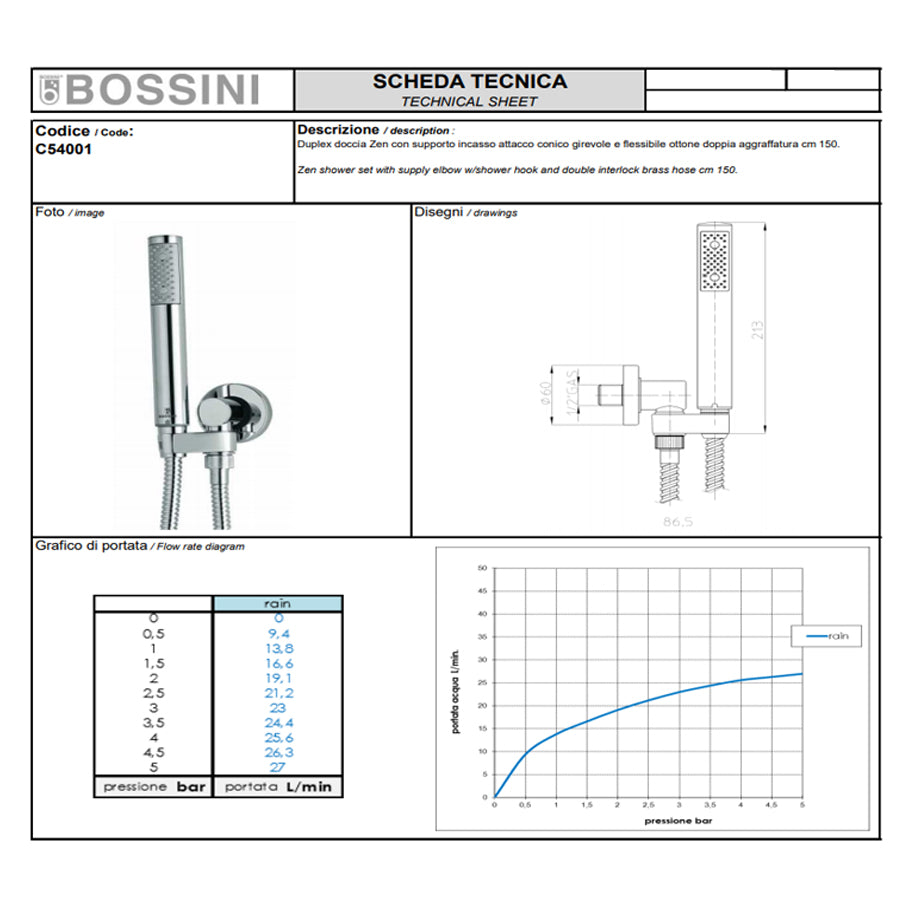 Soffione doccia in ABS diam. Cm 20 Bossini Elios a un getto con kit duplex doccia Zen con flessibile in ottone doppia aggraffatura