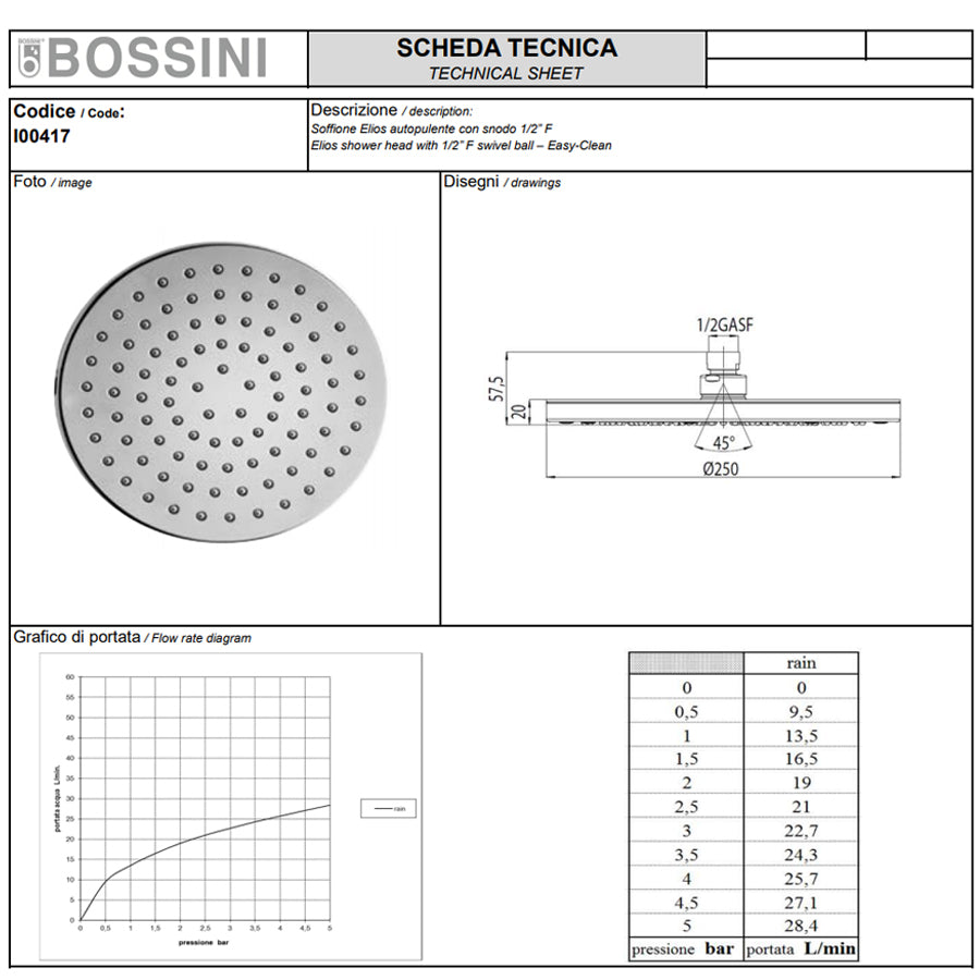 Soffione doccia in ABS diam. Cm 20 Bossini Elios a un getto con kit duplex doccia Zen con flessibile in ottone doppia aggraffatura