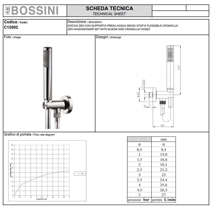 Soffione doccia in ABS diam. Cm 20 Bossini Elios a un getto con kit duplex doccia Zen con flessibile Cromolux