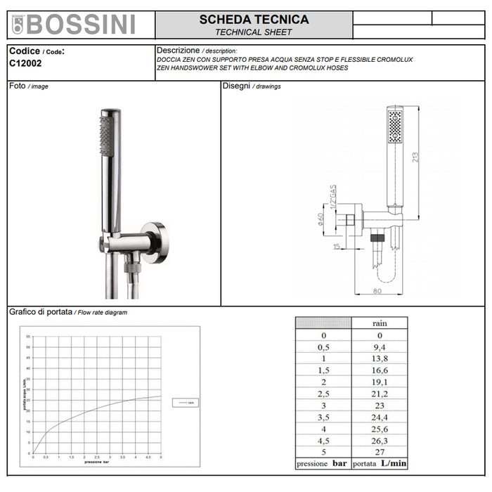 Soffione doccia in ABS diam. Cm 20 Bossini Elios a un getto con kit duplex doccia Zen con flessibile Cromolux