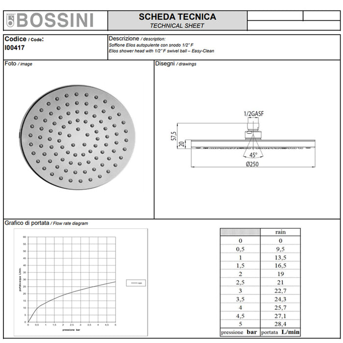 Soffione doccia in ABS diam. Cm 20 Bossini Elios a un getto con kit duplex doccia Zen con flessibile Cromolux