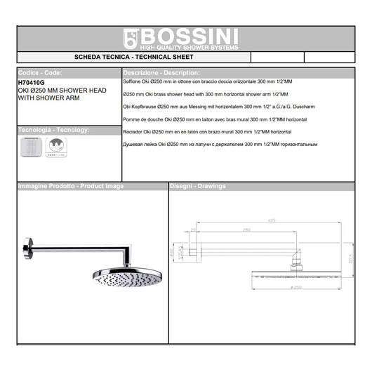 Soffione doccia con braccio ad angolo in ottone diam. Cm 25 Bossini Oki a un getto con kit duplex doccia Zen con flessibile Cromolux