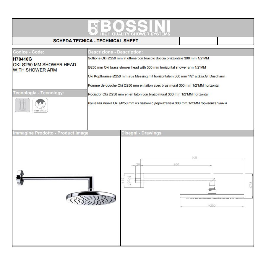 Soffione doccia con braccio ad angolo in ottone diam. Cm 25 Bossini Oki a un getto con kit duplex doccia Zen con flessibile Cromolux