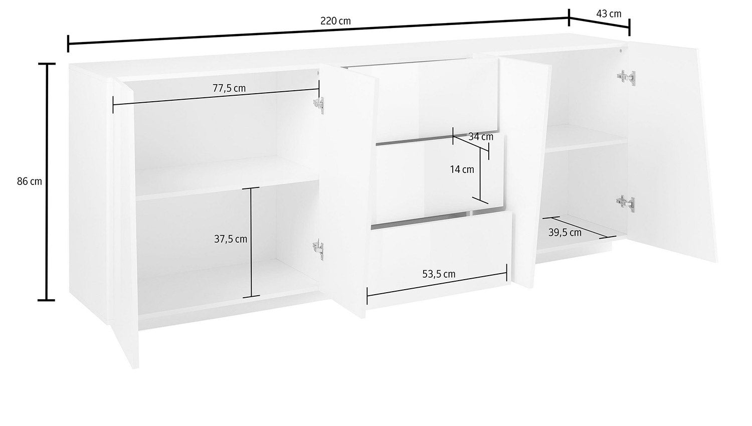 Credenza 4 Ante + 3 Cassetti 220x43x86 cm Vega Ardesia