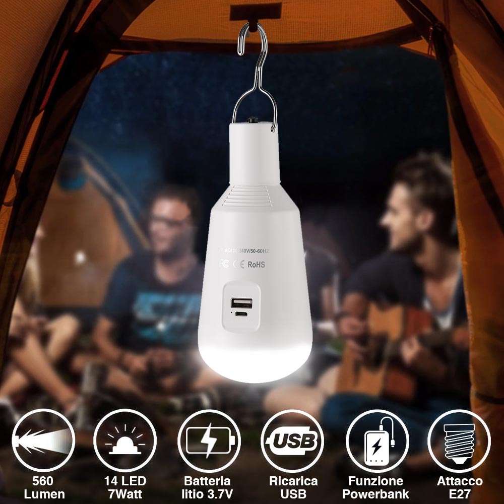 Lampadina a Batteria USB E27 Luce Led Lampada Emergenza Campeggio con Powerbank