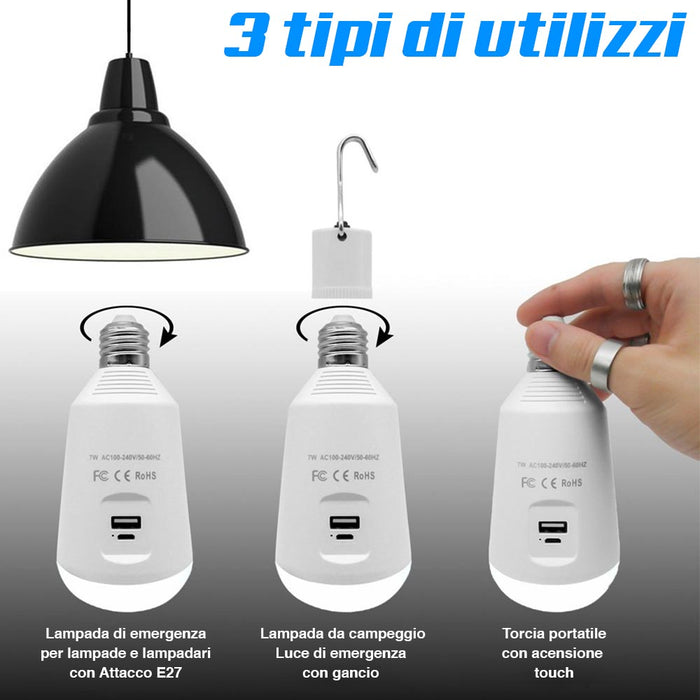 Lampadina a Batteria USB E27 Luce Led Lampada Emergenza Campeggio con Powerbank