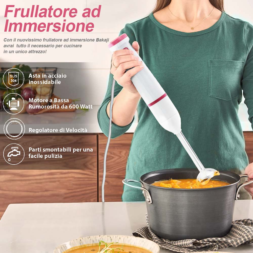 Frullatore Immersione Lame Acciaio 600W Sbattitore Tritatutto e Taglia Verdure