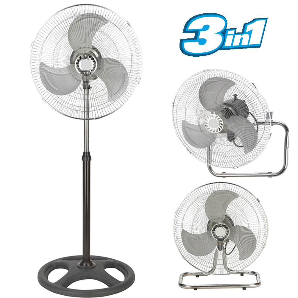 Ventilatore a Piantana Acciaio 3in1  Terra Tavolo Parete Base Tonda 70W Pala 45