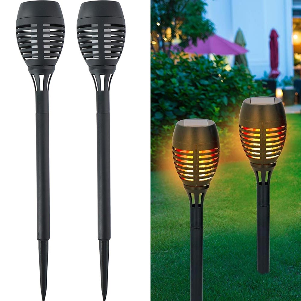 2 Lampade Giardino Effetto Fuoco 48cm Ricarica Solare Fiaccola Torcia Luce LED