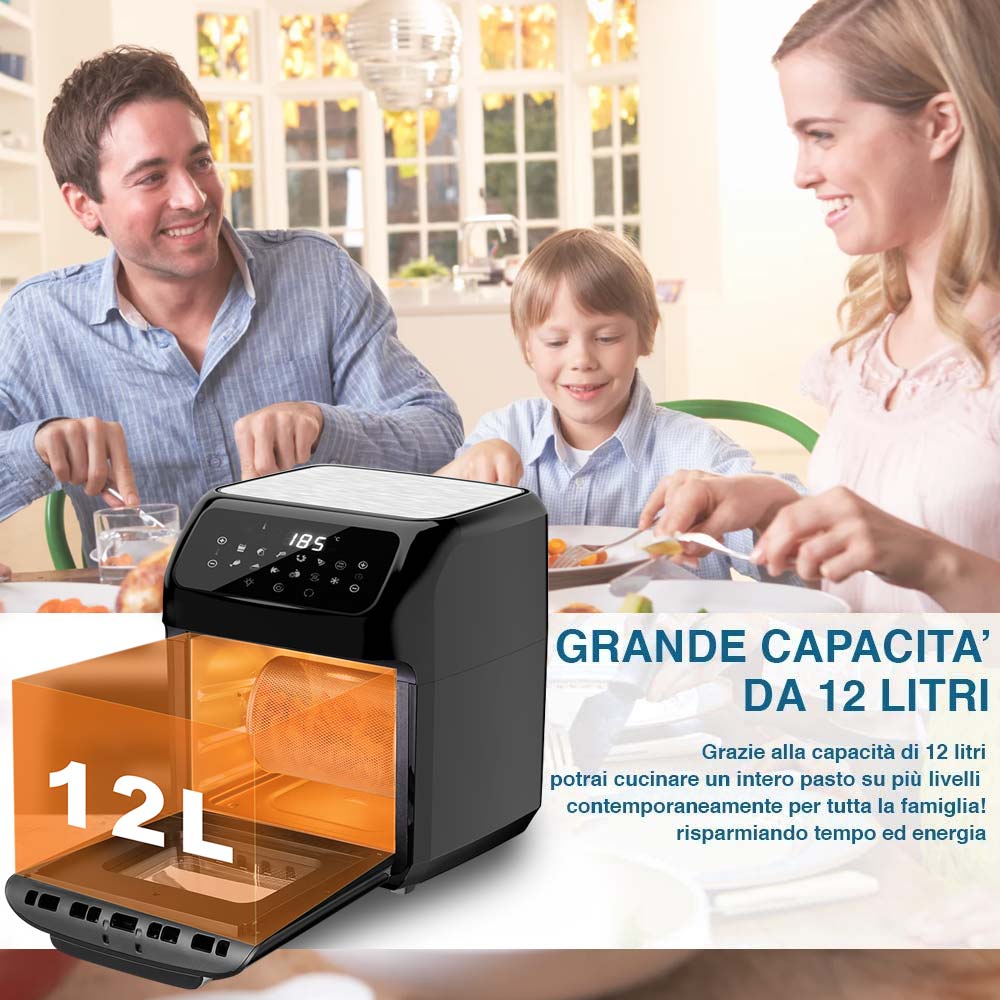 Forno Friggitrice Ad Aria Calda 12Lt Digitale 1800W Frigge Cuoce Senza Olio Nero