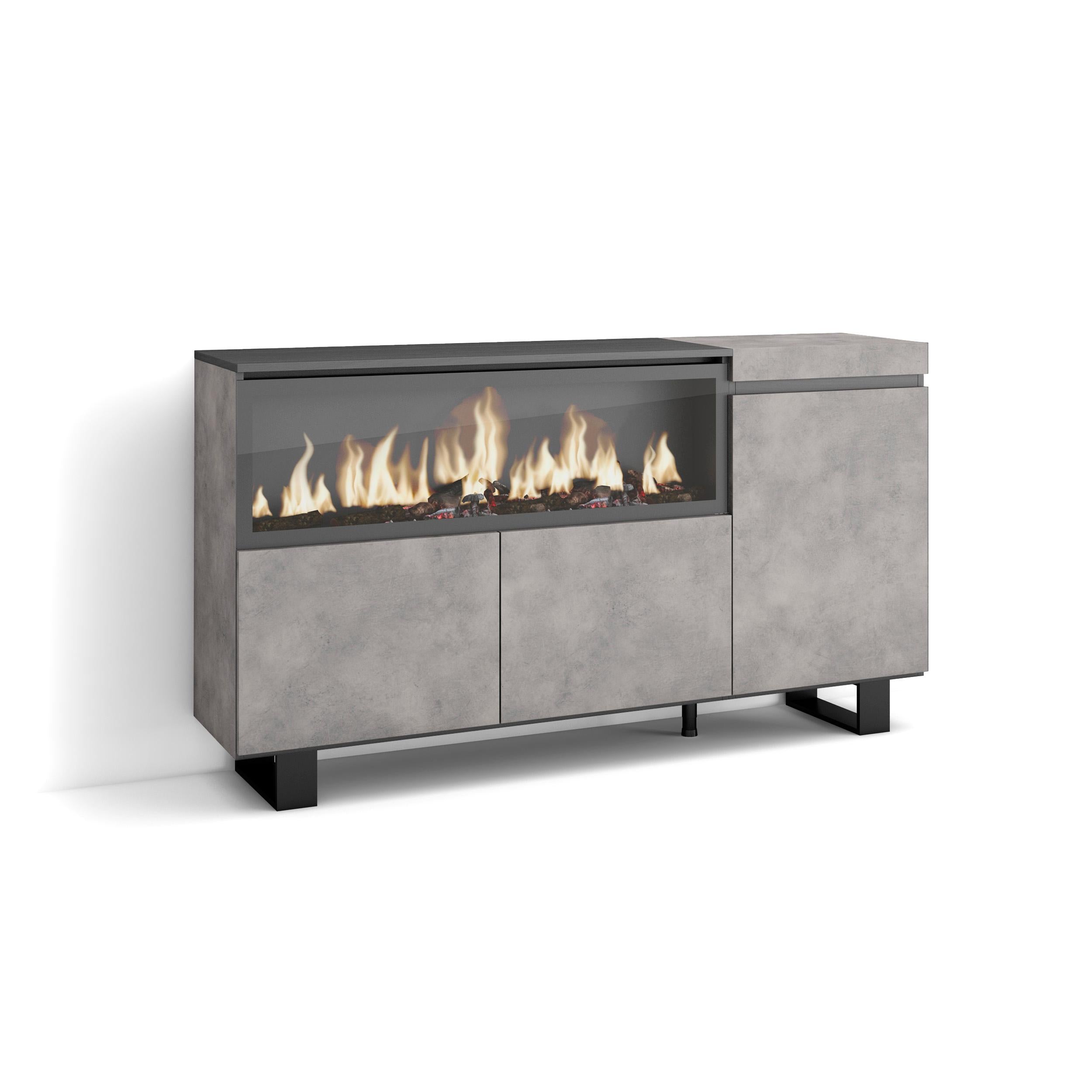 Credenza, Mobile, Cucina, 160, 3 Porte, Camino elettrico XXL, Design industriale, Cemento RF3288