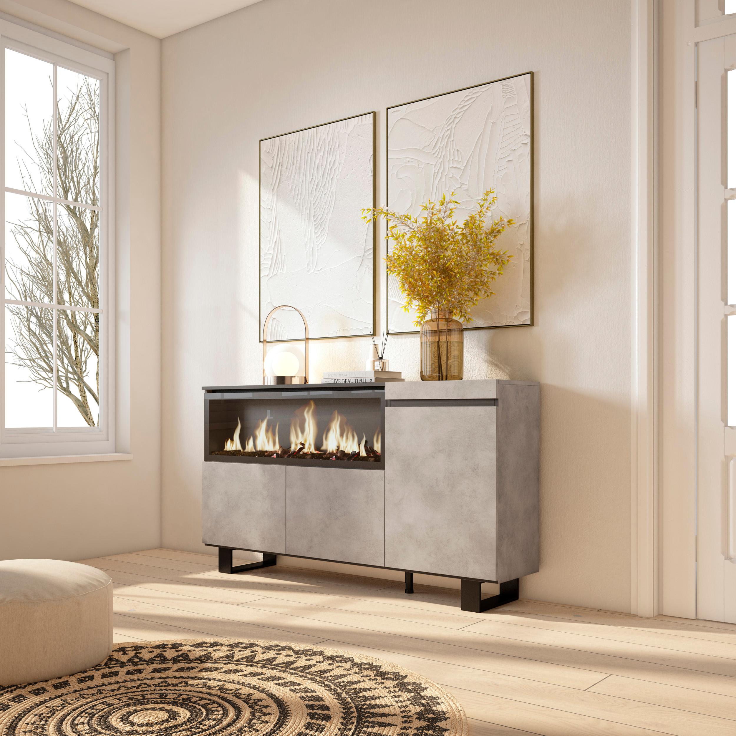 Credenza, Mobile, Cucina, 160, 3 Porte, Camino elettrico XXL, Design industriale, Cemento RF3288