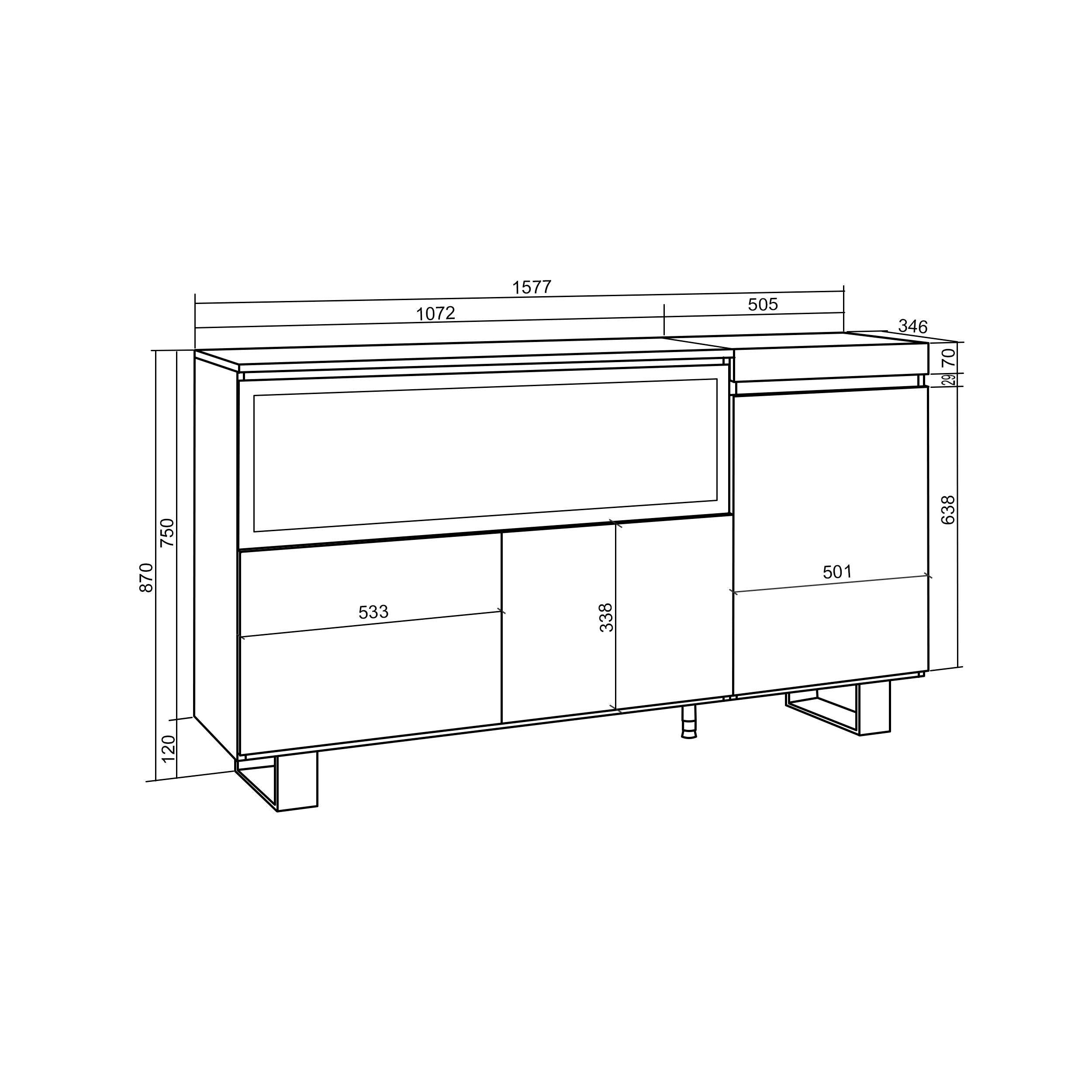 Credenza, Mobile, Cucina, 160, 3 Porte, Camino elettrico XXL, Design industriale, Cemento RF3288