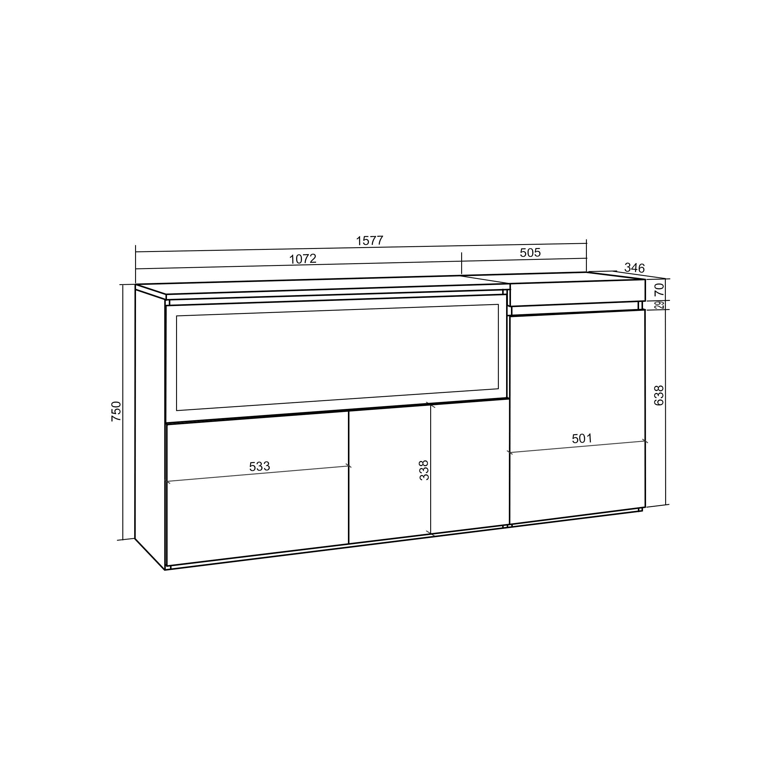 Credenza, Mobile, Cucina, 160, 3 Porte, Camino elettrico XXL, Cemento RF3286