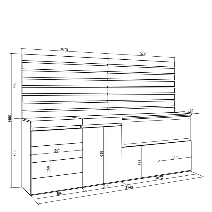 Credenza, 214x35x145 cm, Camera da letto, stanza, Camino elettrico XXL, Cassettiera, Cemento , RF3416