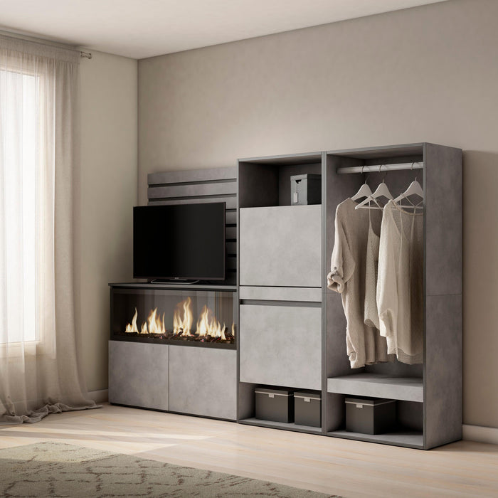 Credenza, 227x35x145 cm, Camera da letto, stanza, Camino elettrico XXL, Scarpiera, Armadio Aperto, Cemento , RF3392