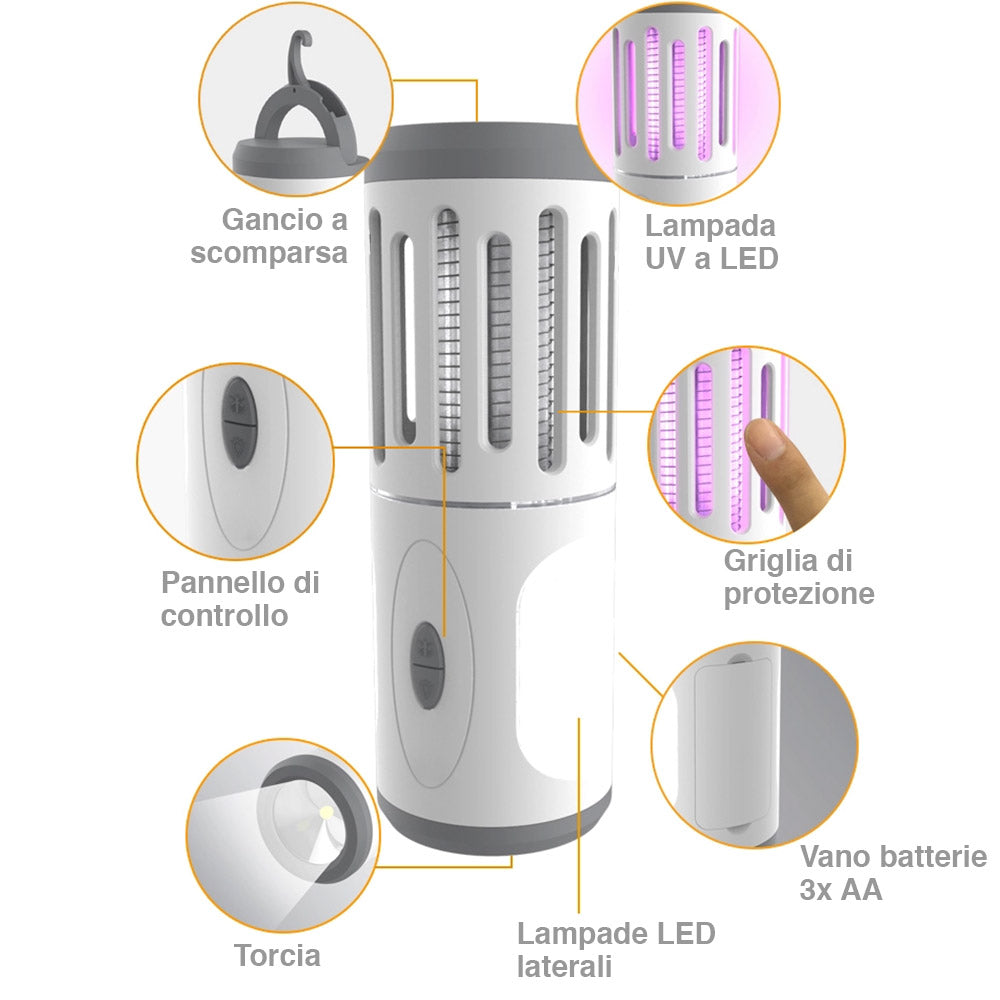 Zanzariera Elettrica Lampada Torcia LED da Campeggio Anti Zanzare Batteria AA