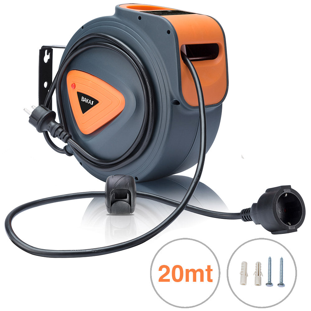 Avvolgicavo Elettrico con Cavo 20mt Prolunga Shucko Avvolgitubo Fissaggio Muro