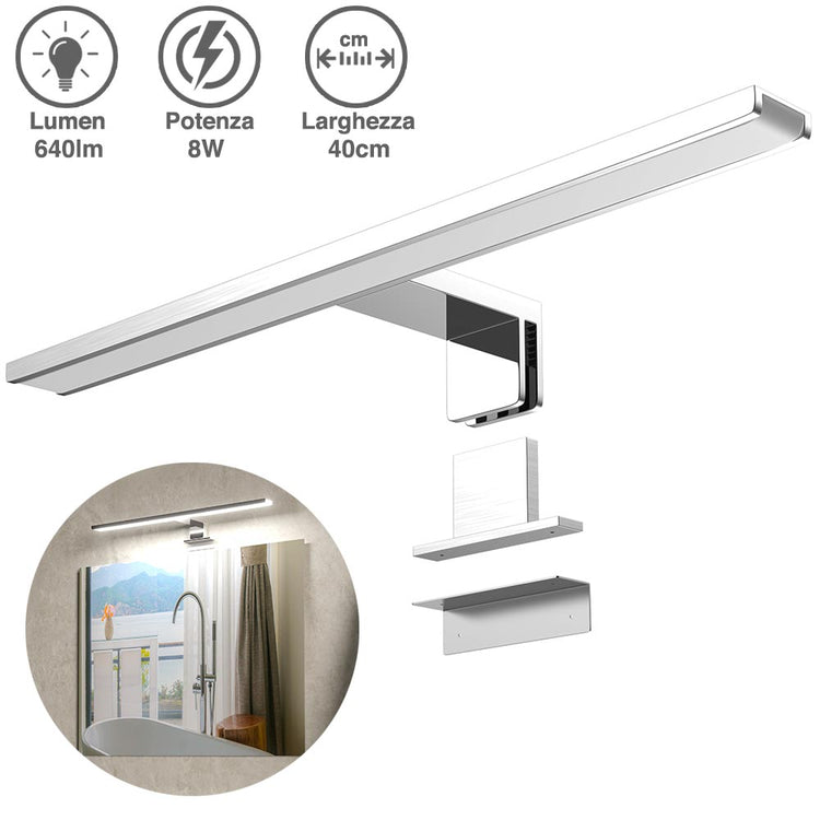 Lampada Specchio Bagno Applique Parete 40cm Luce LED 8W 6500K 640lm in Alluminio