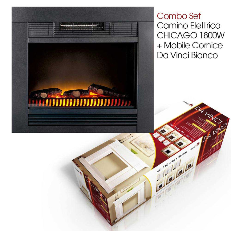 Camino Elettrico Chicago con Cornice Legno Caminetto 1800W Completo di Mobile