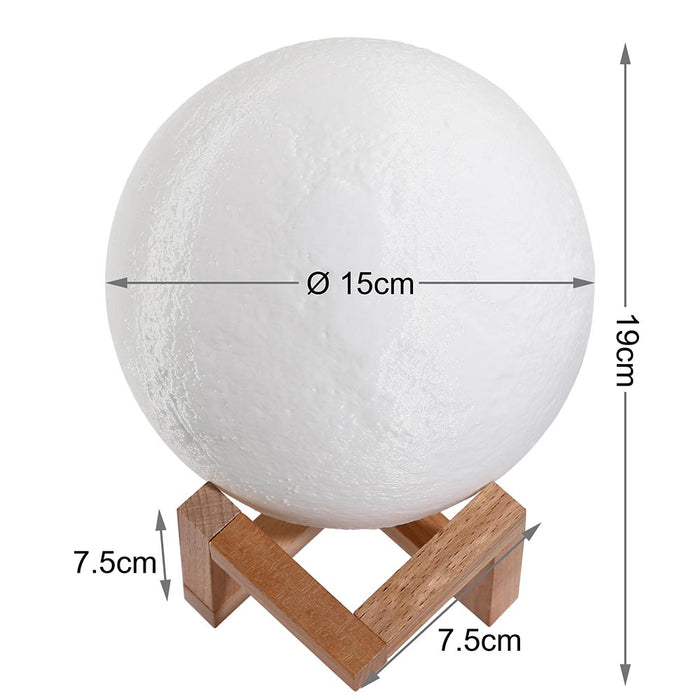 Lampada Tavolo Luna 15cm Luce LED 3 Colori Moon Lamp Batteria USB Supporto Legno