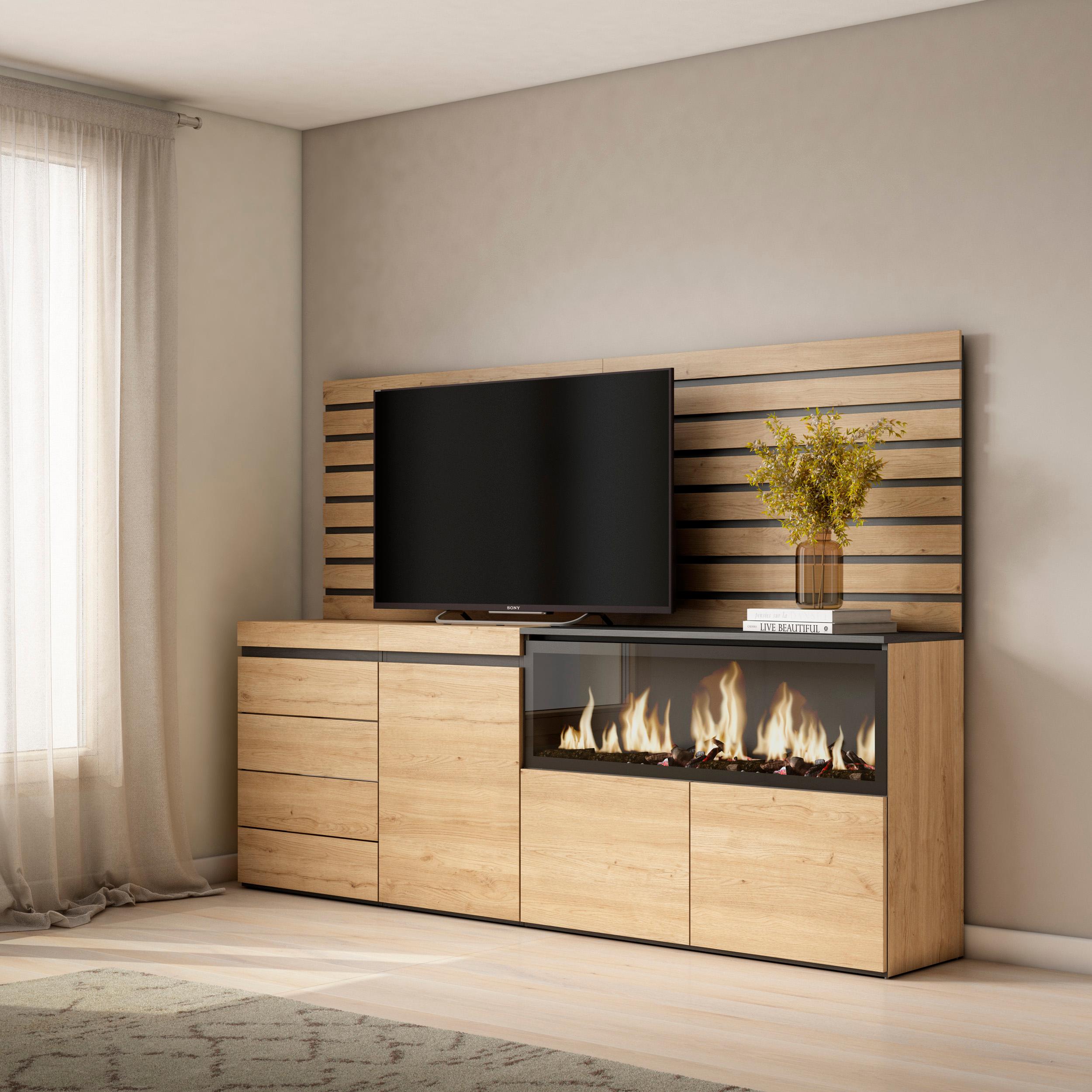 Credenza, 214x35x145 cm, Camera da letto, stanza, Camino elettrico XXL, Cassettiera, Rovere , RF3419