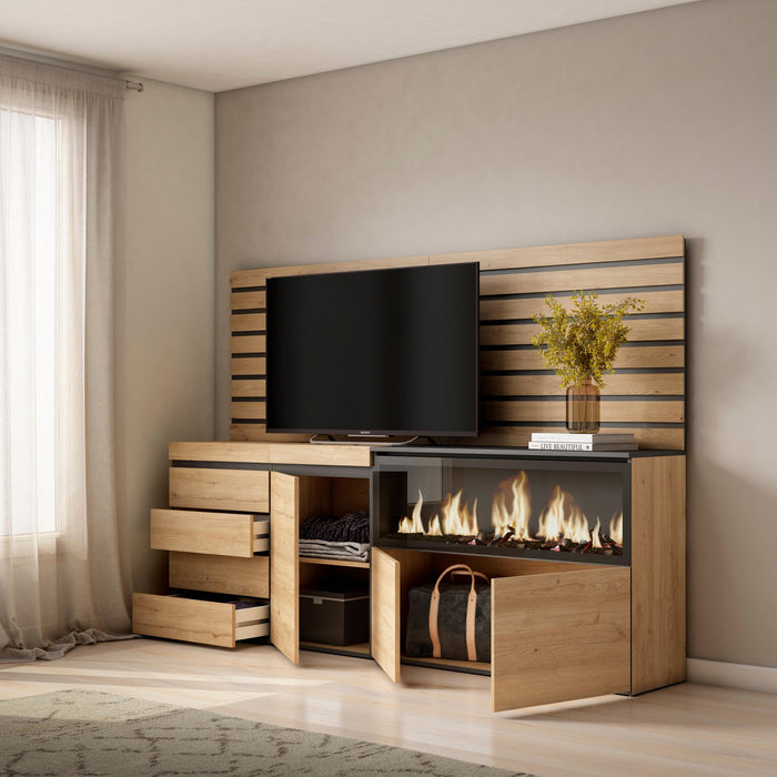 Credenza, 214x35x145 cm, Camera da letto, stanza, Camino elettrico XXL, Cassettiera, Rovere , RF3419