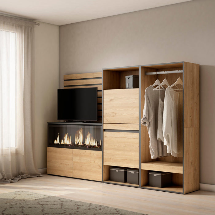 Credenza, 227x35x145 cm, Camera da letto, stanza, Camino elettrico XXL, Scarpiera, Armadio Aperto, Rovere , RF3398