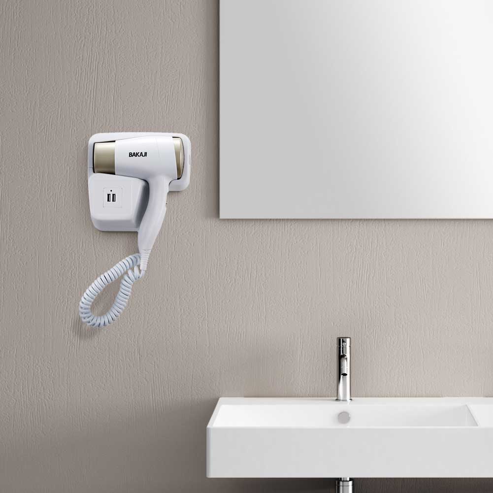 Asciugacapelli Parete Muro Hotel Phon Asciuga Capelli Bagno 1300W 2 Ingressi USB