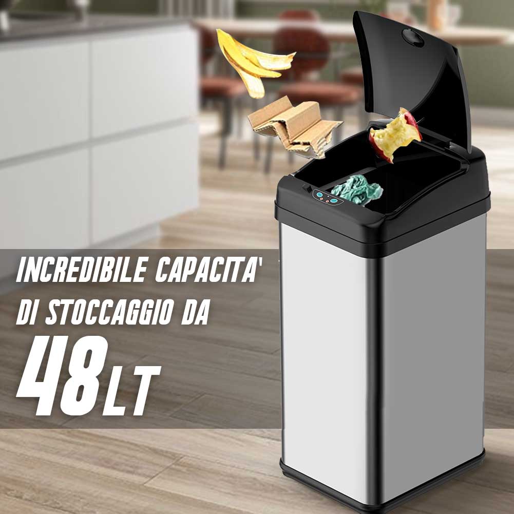 Pattumiera Automatica cn Sensore Elettrico 48Lt Bidone Spazzatura Cucina Acciaio