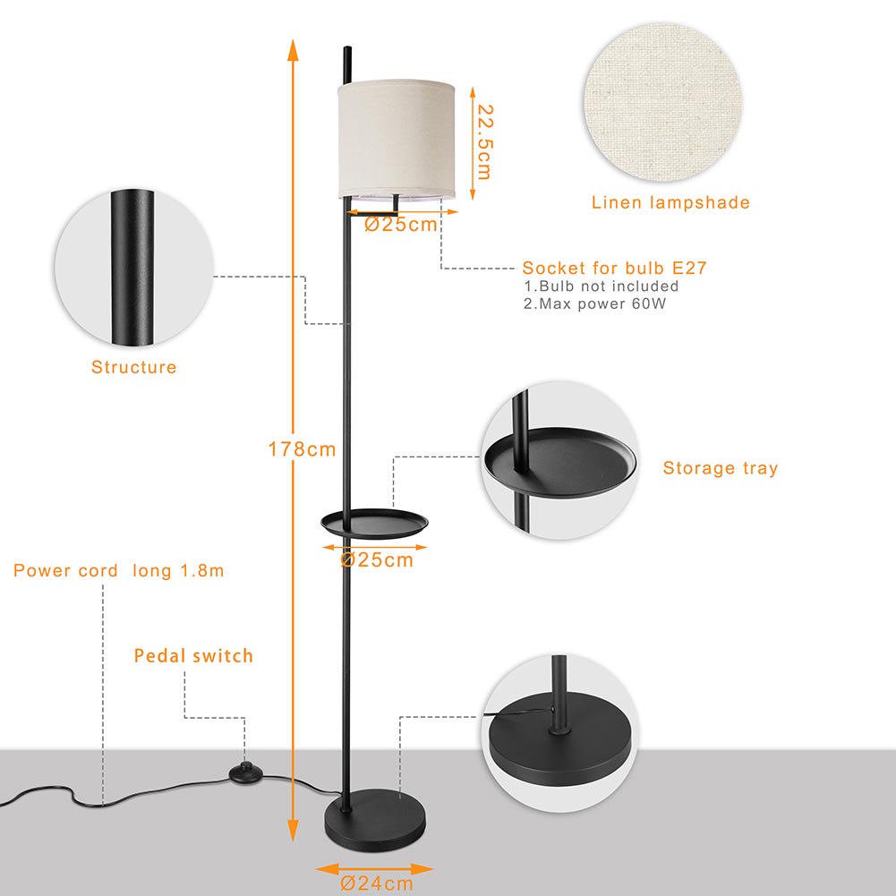 Lampada Piantana Terra Design Moderno Paralume E27 Tessuto con Tavolino Nero