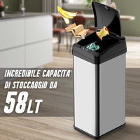 Pattumiera Automatica cn Sensore Elettrico 58Lt Bidone Spazzatura Cucina Acciaio