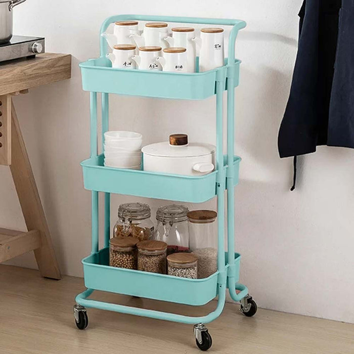 Carrello Trolley Cucina in Metallo 3 Ripiani 43x36x85 4 Ruote Salvaspazio Blu