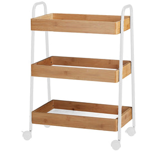 Carrello Trolley Cucina in Metallo 3 Ripiani in legno 4 Ruote Salvaspazio Bianco