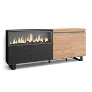 Credenza, Mobile, Cucina, 210, 4 Porte, Camino elettrico XXL, Design industriale, Rovere e nero RF3222