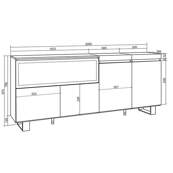 Credenza, Mobile, Cucina, 210, 4 Porte, Camino elettrico XXL, Design industriale, Rovere e nero RF3222