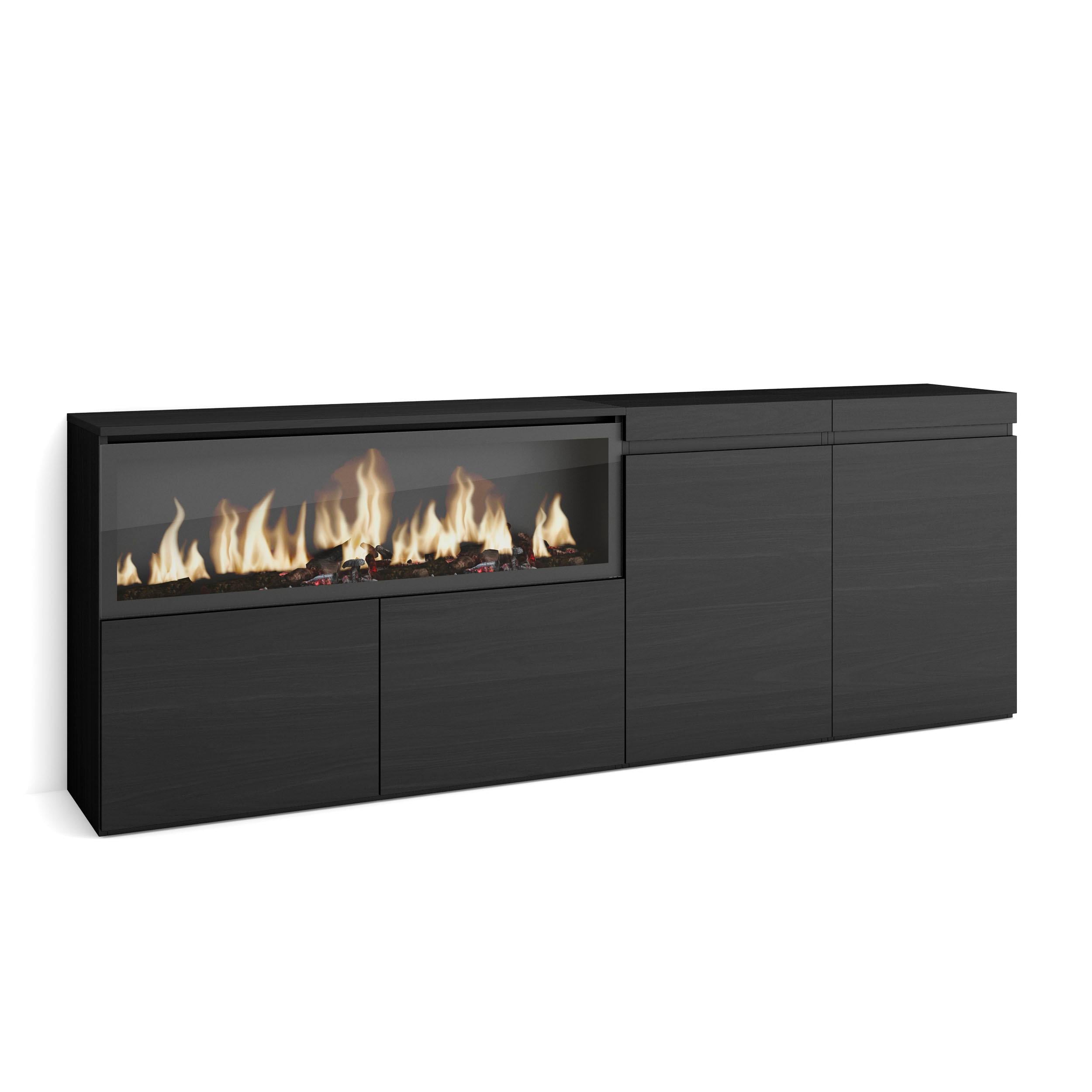 Credenza, Mobile, Cucina, 210, 4 Porte, Camino elettrico XXL, Nero RF3214