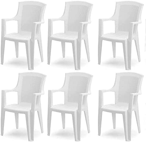 Sedia da giardino set 6 sedie in plastica effetto rattan con schienale alto e braccioli impilabili colore bianco Tomaino