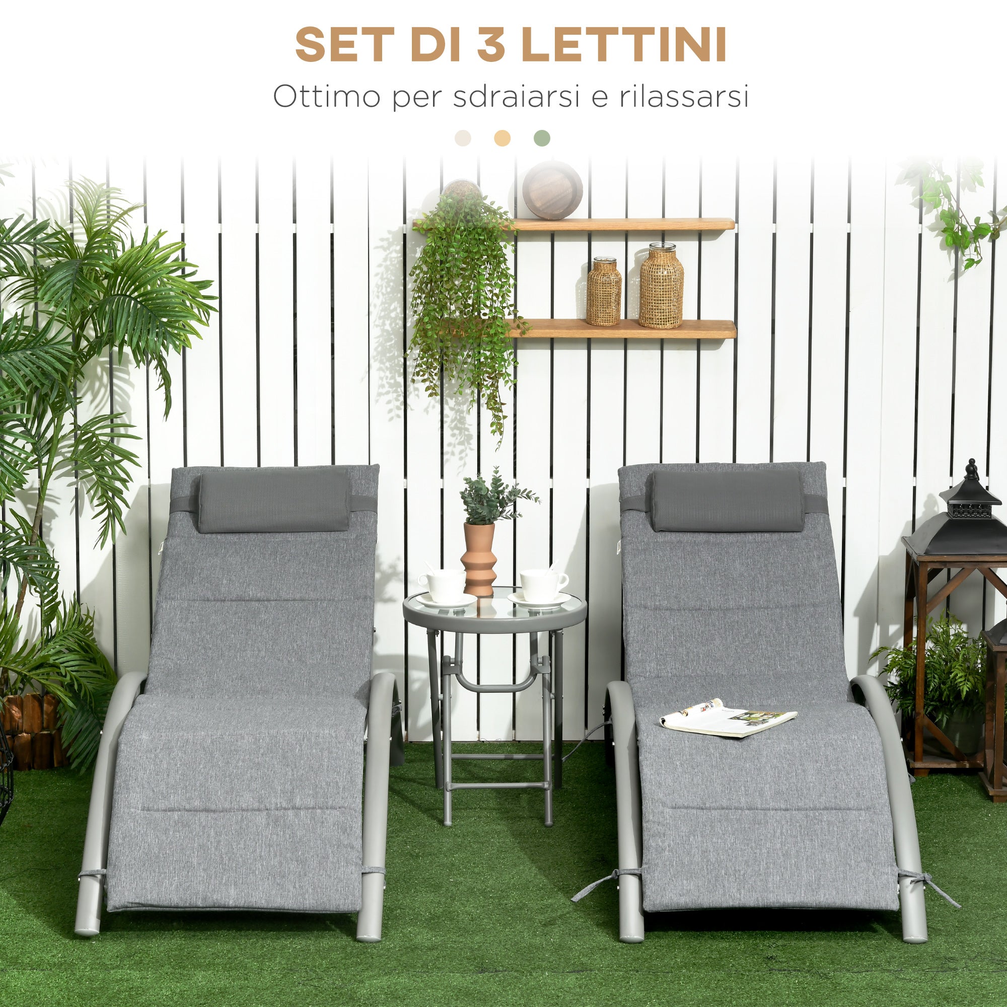 Set 2 Lettini Prendisole da Giardino 62x165x82 cm con Tavolino in Alluminio e Acciaio Grigio